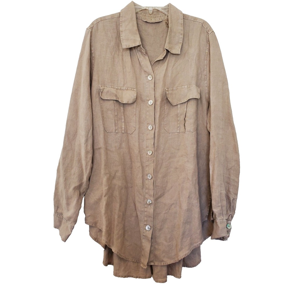 Soft Surroundings Tan 100% Linen Button Down Shirt Drawstring Back Large 2AG82
